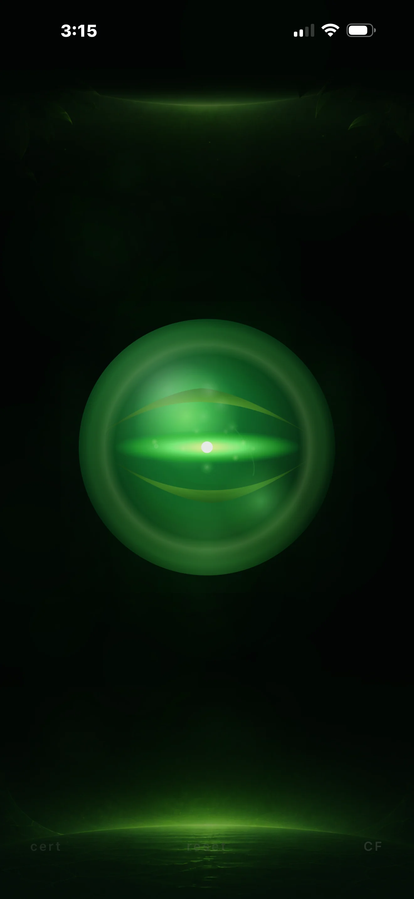 The STOMEL stoma from the app: a luminous green form with a bright open band across its center.